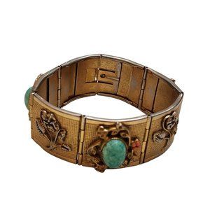 Vintage Stunning Mottled/Peking Glass Bezel Set Textured Bracelet (A2397)